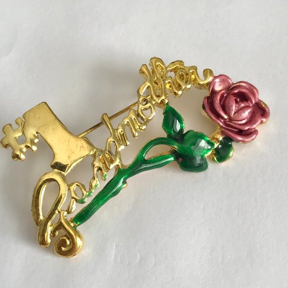 Vintage #1 Grandmother Brooch Pin Gold Plated Pink Rose Grandma Mothers Day Gift - Picture 6 of 9